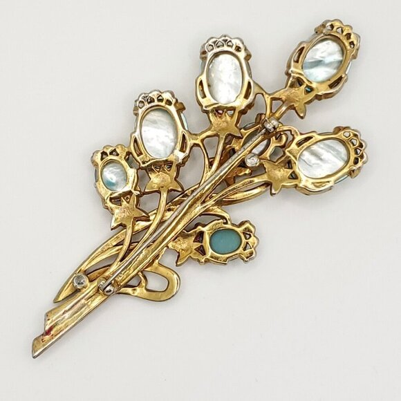 Moonglow Faux Pearl Cabochon Floral Bouquet Brooch Blue Green Pink Statement - Picture 4 of 7